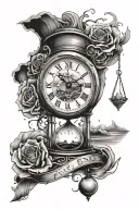 "until the end" with broken clock at the top with hourglass below and ocean aspects tattoo design idea