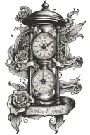 "until the end" with broken clock at the top with hourglass below and ocean aspects tattoo design idea