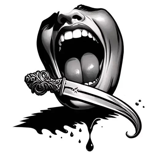 Woman’s mouth slightly open tongue out pressed against a dagger and a drop of blood running from the tongue down the bla tattoo design idea