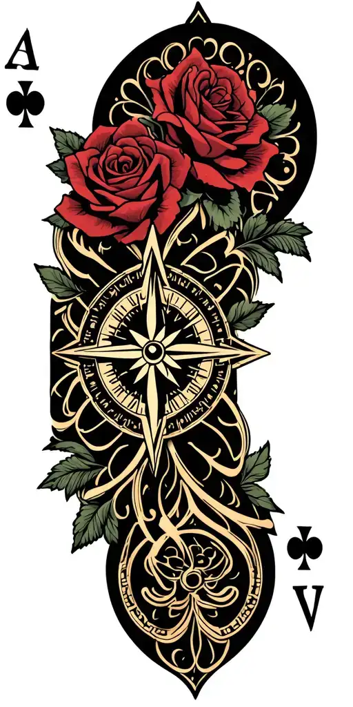 filigree design with playing cards, compass and roses tattoo design idea