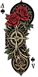 filigree design with playing cards, compass and roses tattoo design idea