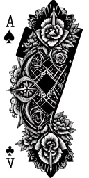 filigree design with playing cards, compass and roses tattoo design idea
