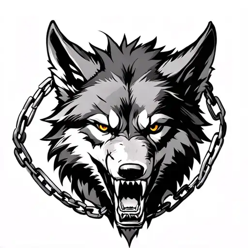 Fenris Wolf head, Open mouth, bad, Nordic, with broken chains around it tattoo design idea