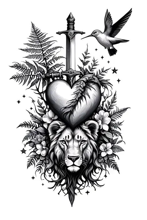 heart, tree, ferns, flowers, hummingbird, sword, lion, stars, sun, roots, gear tattoo design idea