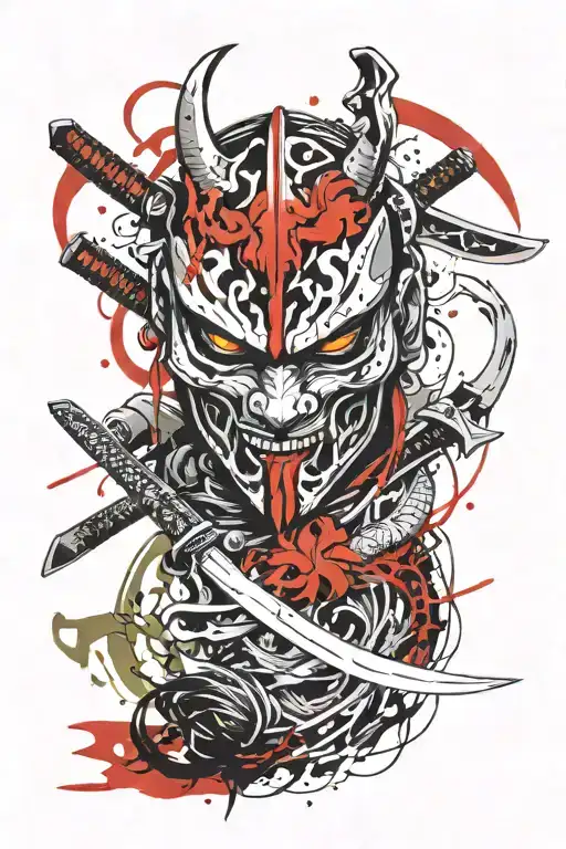 katana slicing Oni mask split in half tattoo design idea