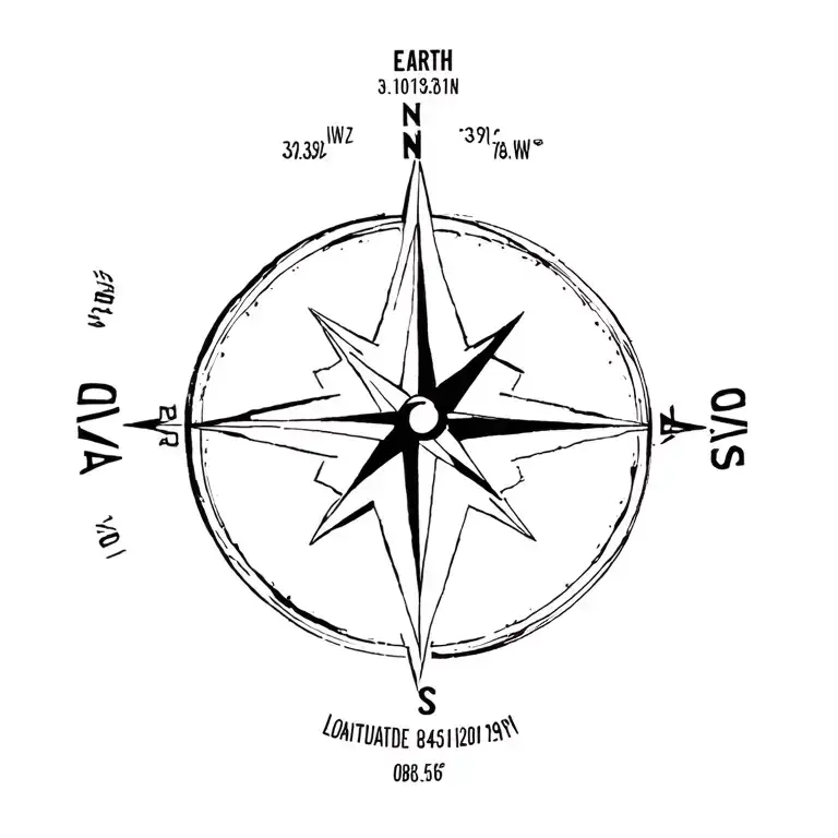 earth, a 3d compass star, Latitude 39.103118°N, Longitude 84.512020°W, and my birth date 08/16/1961 tattoo design idea