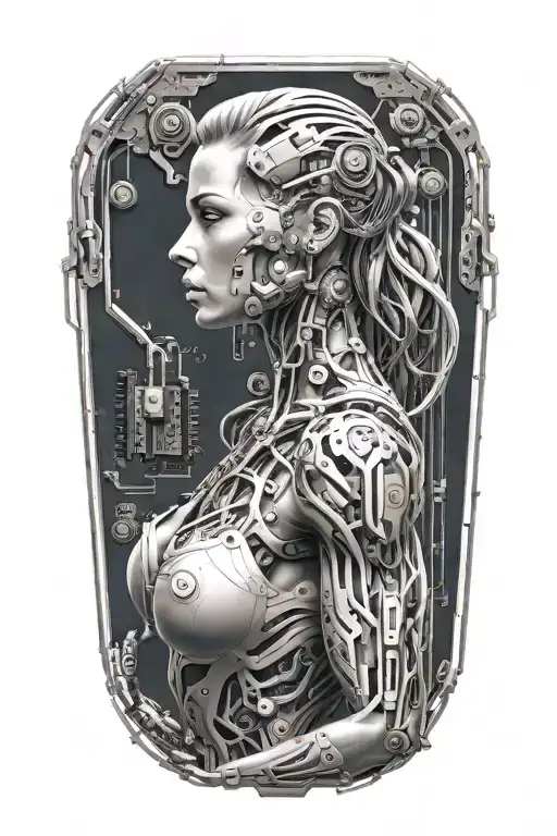 bodybuilder muscular women with technology circuits merging tattoo design idea