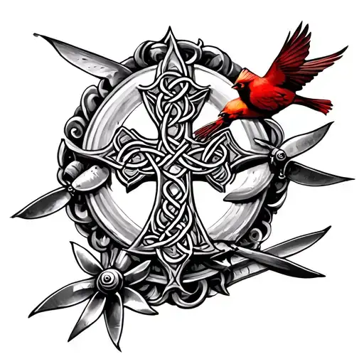 Aviation-themed tattoo of a Celtic cross with propeller blades and a red cardinal flying above tattoo design idea