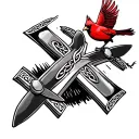 Aviation-themed tattoo of a Celtic cross with propeller blades and a red cardinal flying above tattoo design idea