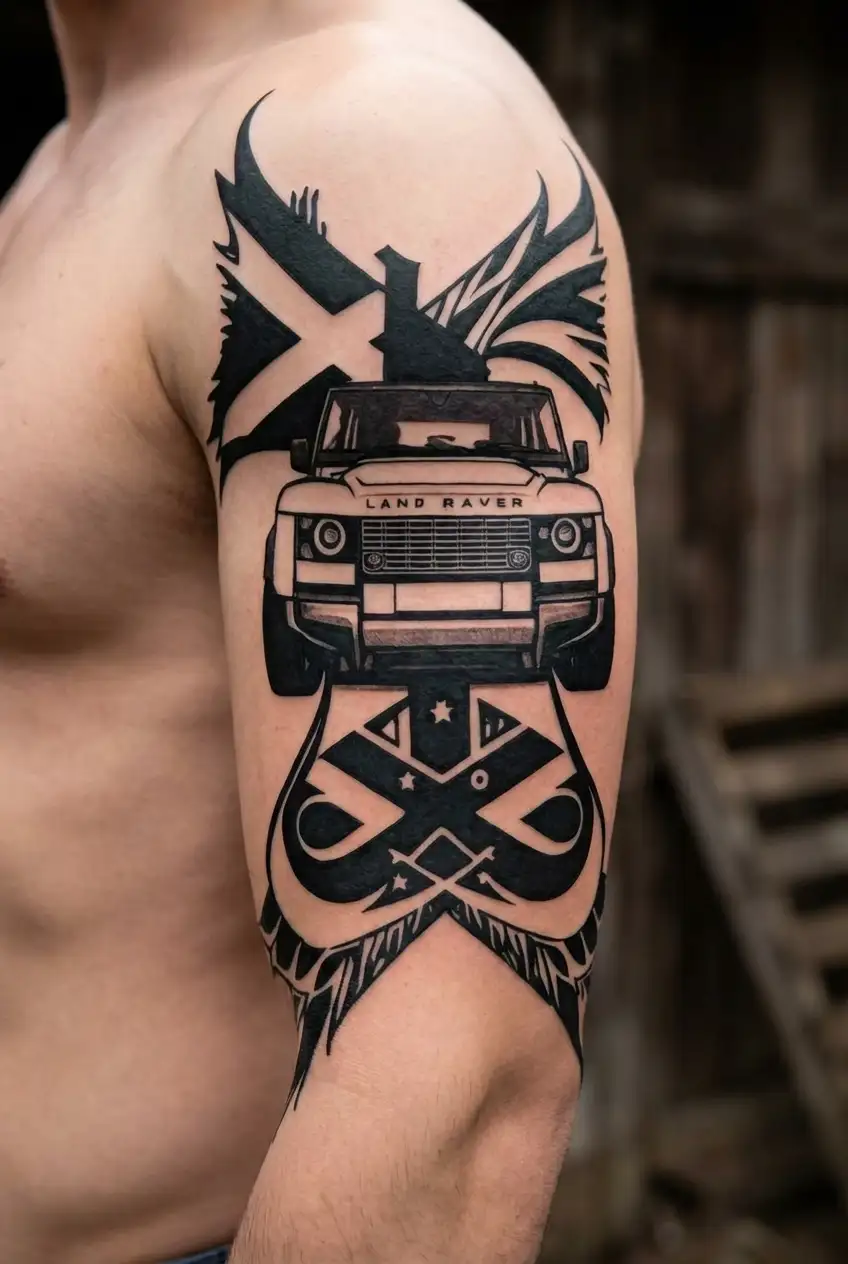 england irealnd and european flags on forearm with land rover defender tattoo design idea