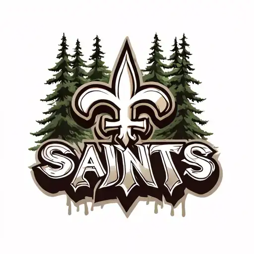 the last name brown in graffiti letters with the saints logo behind it with cypress trees around it tattoo design idea