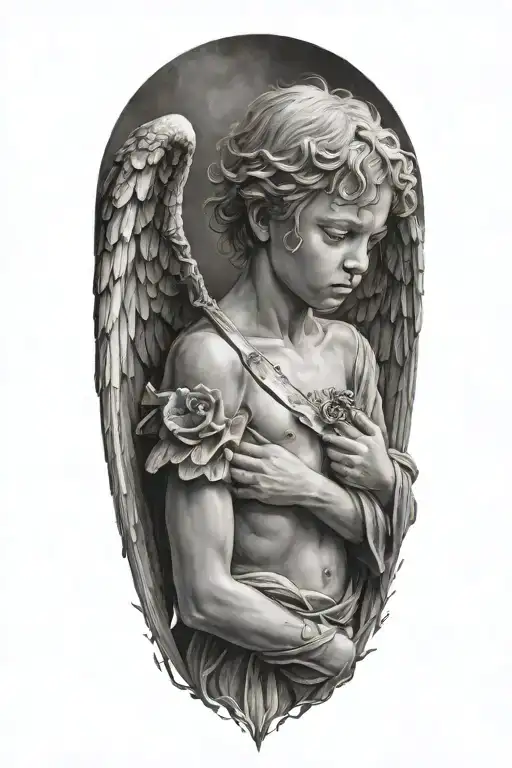 a crying angel is a child made of stone with a fiery sword, many gray shades, soft shadows, smooth transitions tattoo design idea