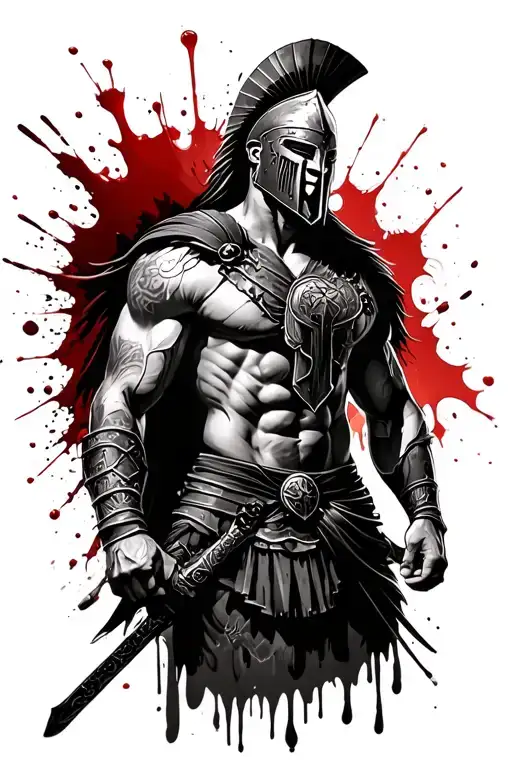 defiant spartan warrior blood spatter full body tattoo design idea