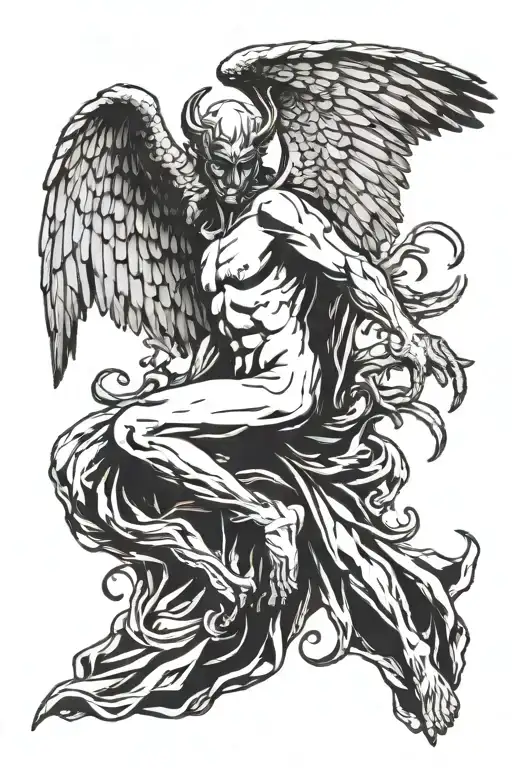 falling angel with devil wings from behind with horns on his head tattoo design idea