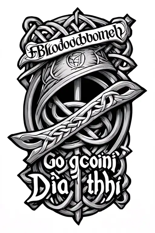 bloodborne game logo with celtic knots and the quote "Go gcoinní Dia thú" tattoo design idea