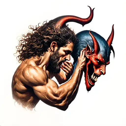 god fighting with the devil head to head on a backpiece  tattoo design idea
