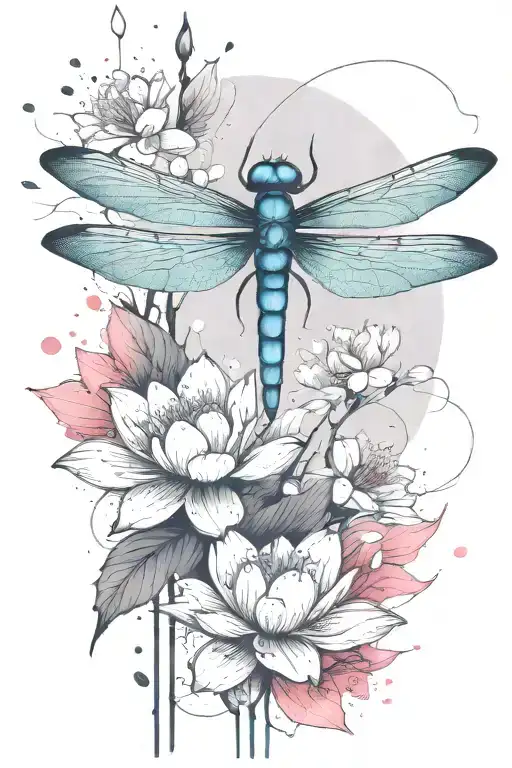 Dragonfly resting on a lotus flower with cherry blossom petals falling around them tattoo design idea