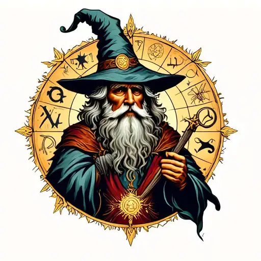 A tattoo of a classic wizard surrounded by elements representing different zodiac signs tattoo design idea