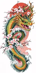 A fierce dragon emerging from the ocean waves with cherry blossom trees in a red background tattoo design idea