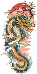 A fierce dragon emerging from the ocean waves with cherry blossom trees in a red background tattoo design idea