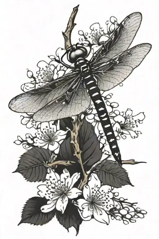 dragon fly with Japanese cherry blossoms and wood cuttings tattoo design idea