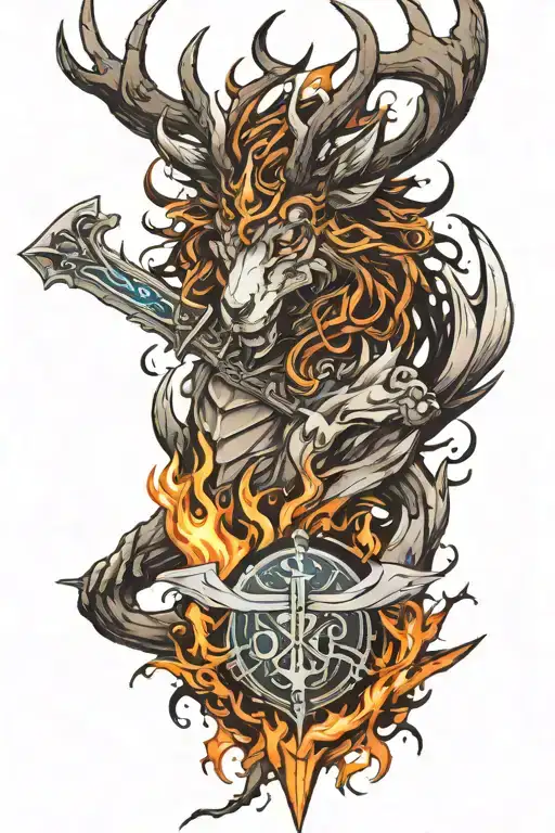 stag with fire crown sword 13 dragons tattoo design idea