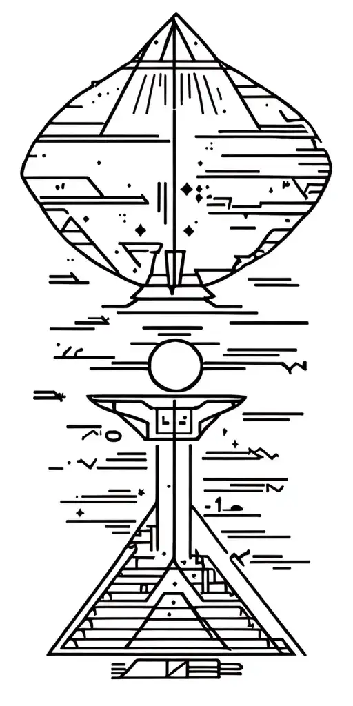 universe with cartoon alien ship, egyptian symbols with great pyramid, science and math tattoo design idea