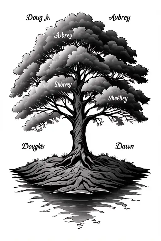 small Family Tree Tattoo with the names Doug Jr, Aubrey, Shelby in the branches and the Names Douglas and Dawn in the ro tattoo design idea