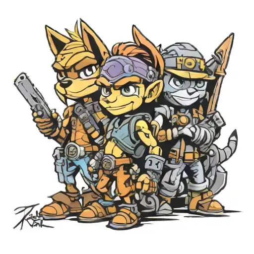Rachet and Clank, Jak and Daxter, and Sly Cooper characters tattoo design idea