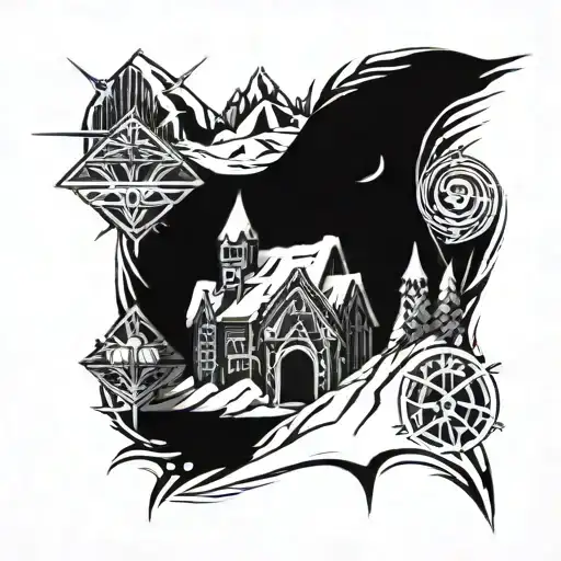 an old ice village with dark energy and big mountains  tattoo design idea