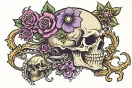 skull and crossbone with pearls and violet flower intertwined tattoo design idea