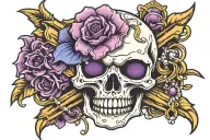 skull and crossbone with pearls and violet flower intertwined tattoo design idea