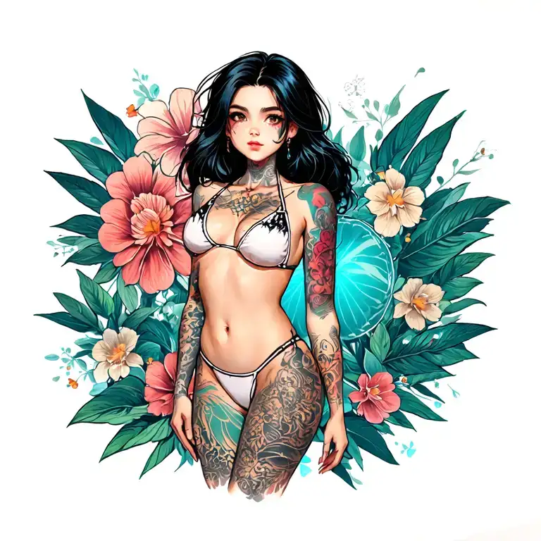 flat-chested, bikini clad tattooed transgender girl with a flat chest, full body tattoo design idea