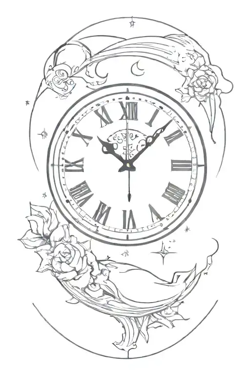 Clock with 12:00 AM as main focus. With the moon, the sun and the earth, with a small capricorn sign tattoo design idea