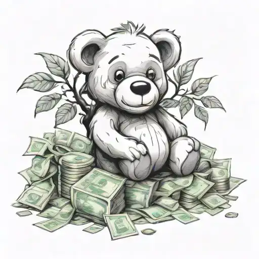 teddy bear sitting o a pile of money tree growing tattoo design idea
