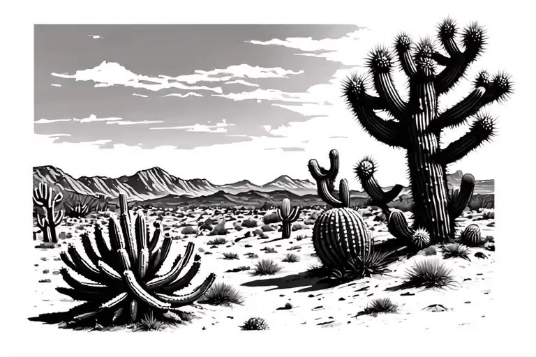 Joshua tree desert horizon with prickly pear cactus tattoo design idea