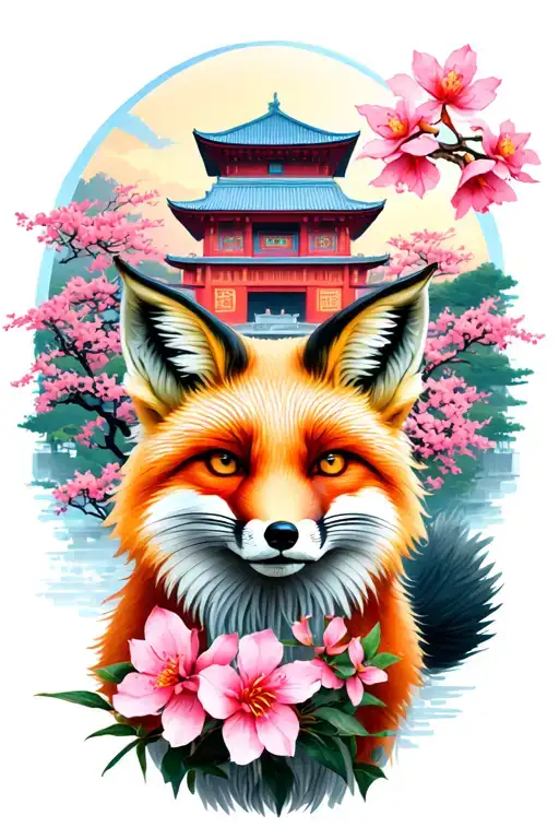 Fox and Sakura against the background of the temple tattoo design idea