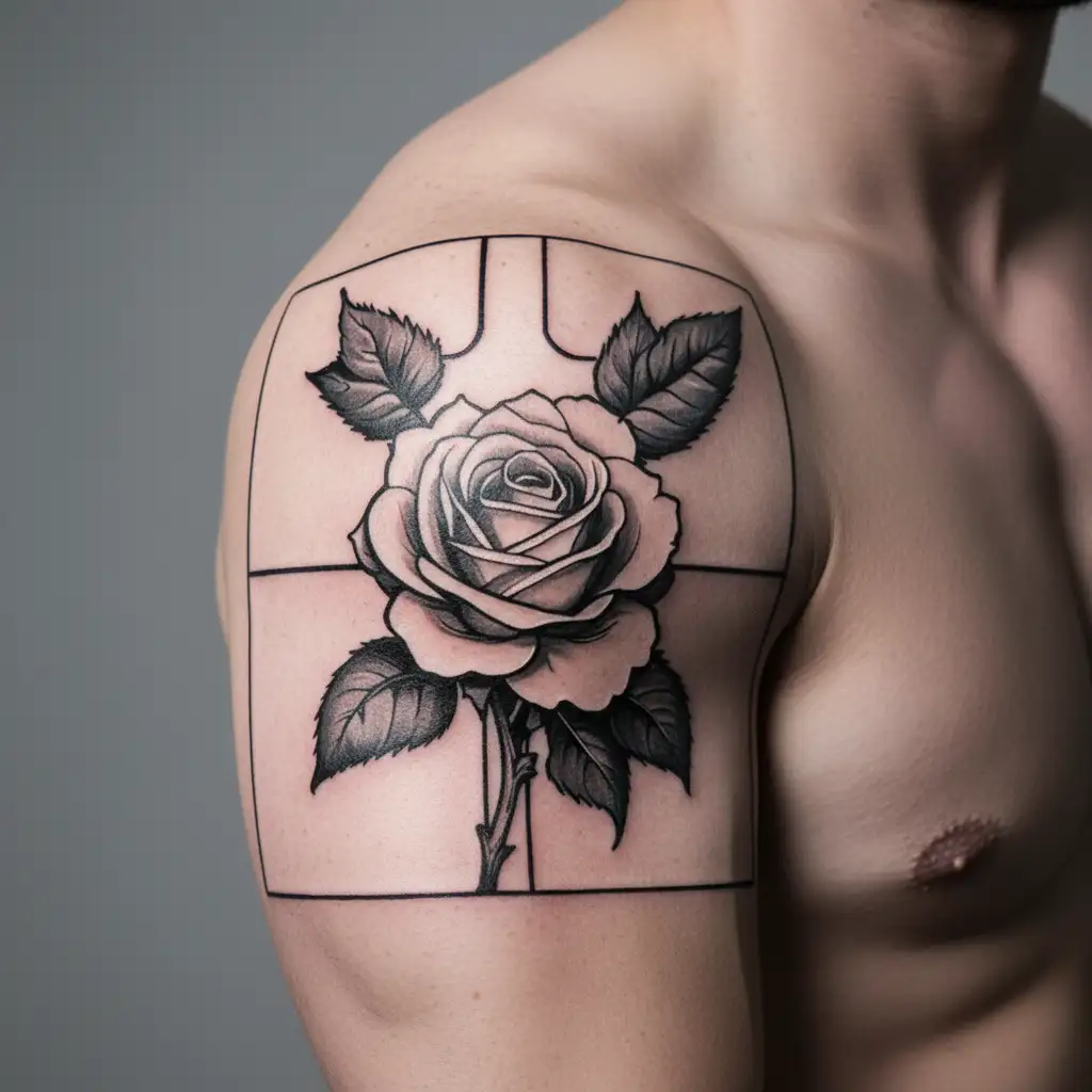 catholic cross with a rose in the middle using the rose stem for the bottom of the cross tattoo design idea