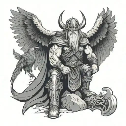 odin with ravens, madusa and thor and his hammer tattoo design idea