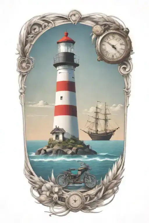 Light house, ship wheel with a clock, Indian feather, tropical fish, motorcycle tattoo design idea