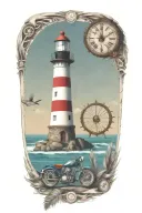 Light house, ship wheel with a clock, Indian feather, tropical fish, motorcycle tattoo design idea