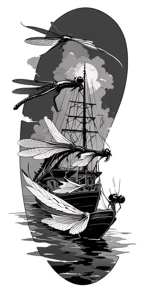 Dragon flies, boats, electrical engineering tattoo design idea