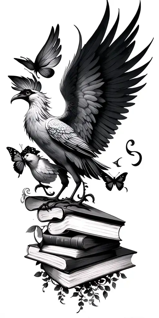 Pheonix, anchor, birds, books, butterflies tattoo design idea