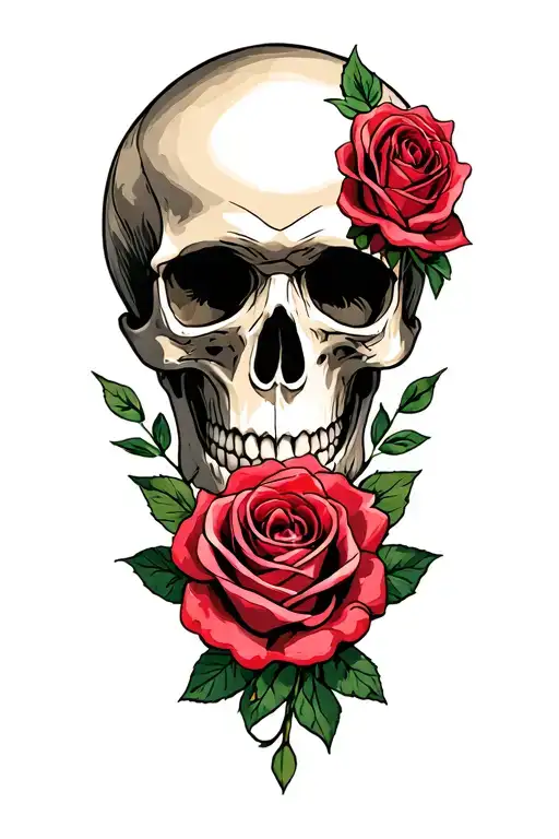 skull and rose surrounded tattoo design idea