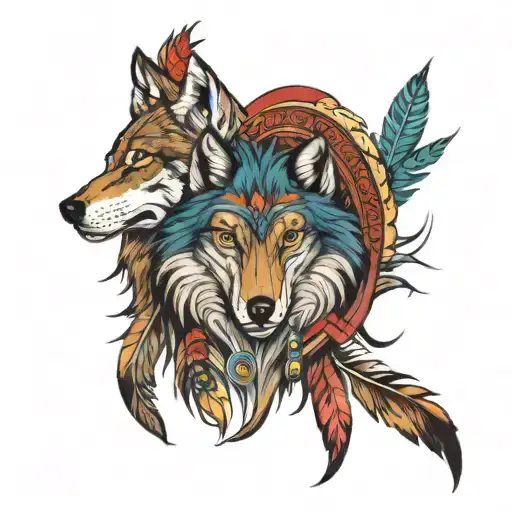 indian and wolf tattoo design idea