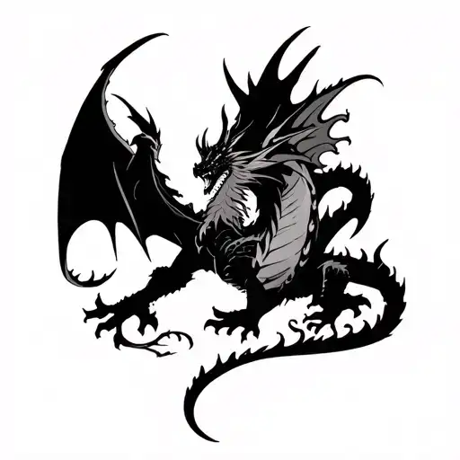 Demonic vs. Celestial Beasts: A giant dragon-like demon on one side, its body made of shadows and fire, battling a phoen tattoo design idea