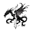 Demonic vs. Celestial Beasts: A giant dragon-like demon on one side, its body made of shadows and fire, battling a phoen tattoo design idea