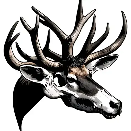 European Deer Skull with Baleigh and Walker in the antlers tattoo design idea
