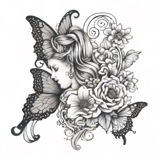 Virgo zodiac sign and ; design and a butterfly as a wings of a back of a woman and an august flower fine lone black ink  tattoo design idea