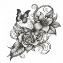 Wrist tattoo that has a flowers that travel up the arm like a vines that incorporates a cross and butterflies. tattoo design idea